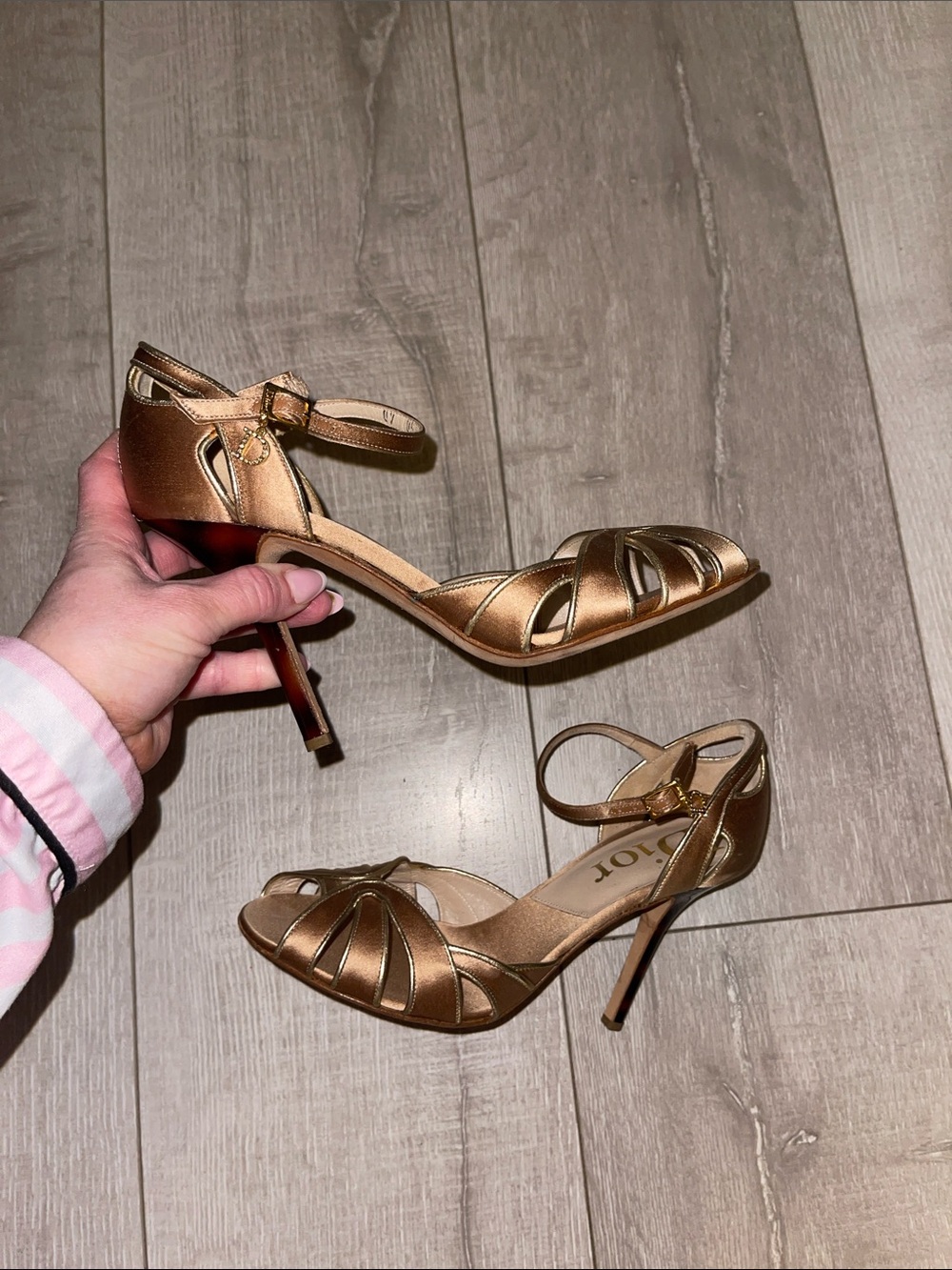CHRISTIAN DIOR VTG Authentic Metallic Tan Dior Charm Strappy Heel Sandal - Picture 10 of 16